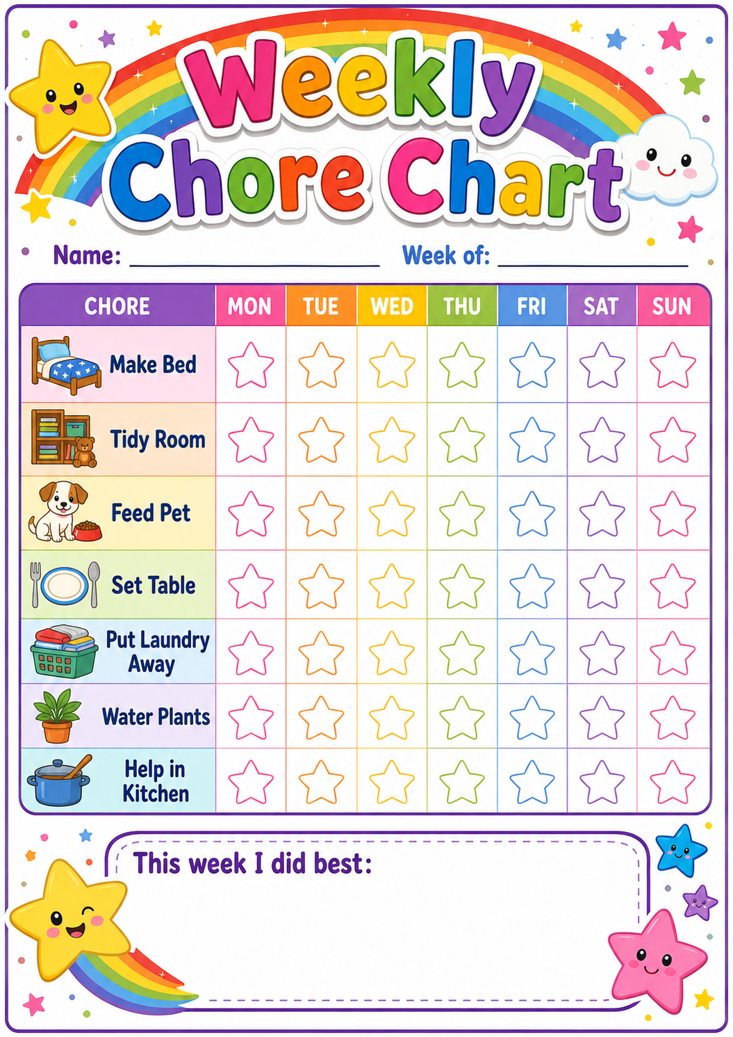 Weekly Home Jobs Chart printable preview