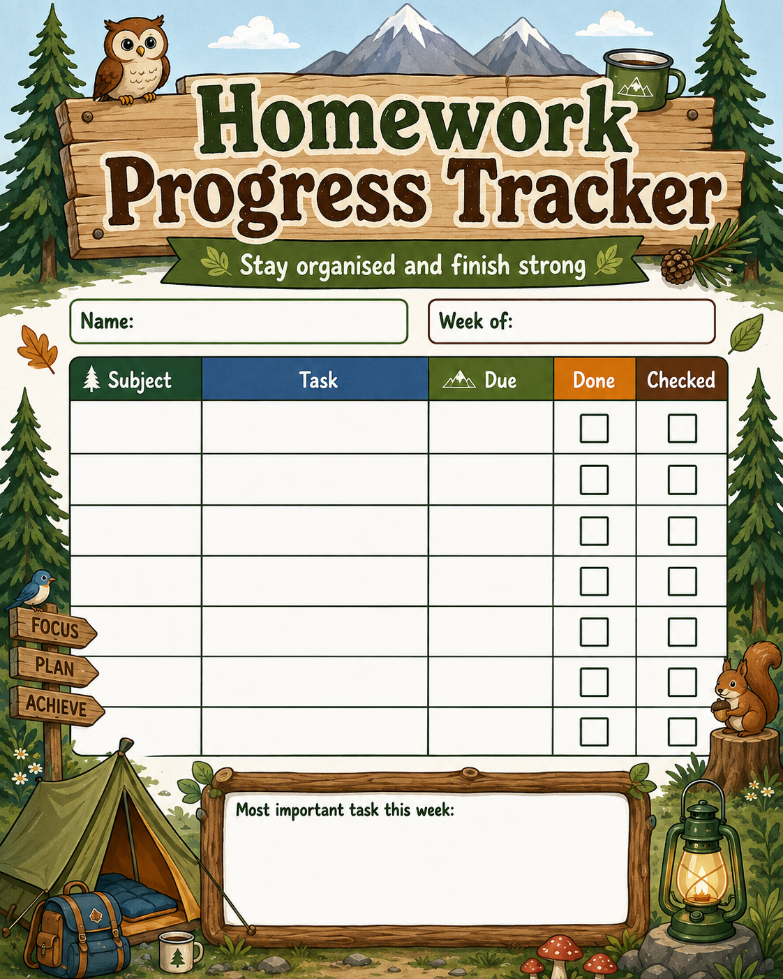 Weekly Homework Progress Log printable preview