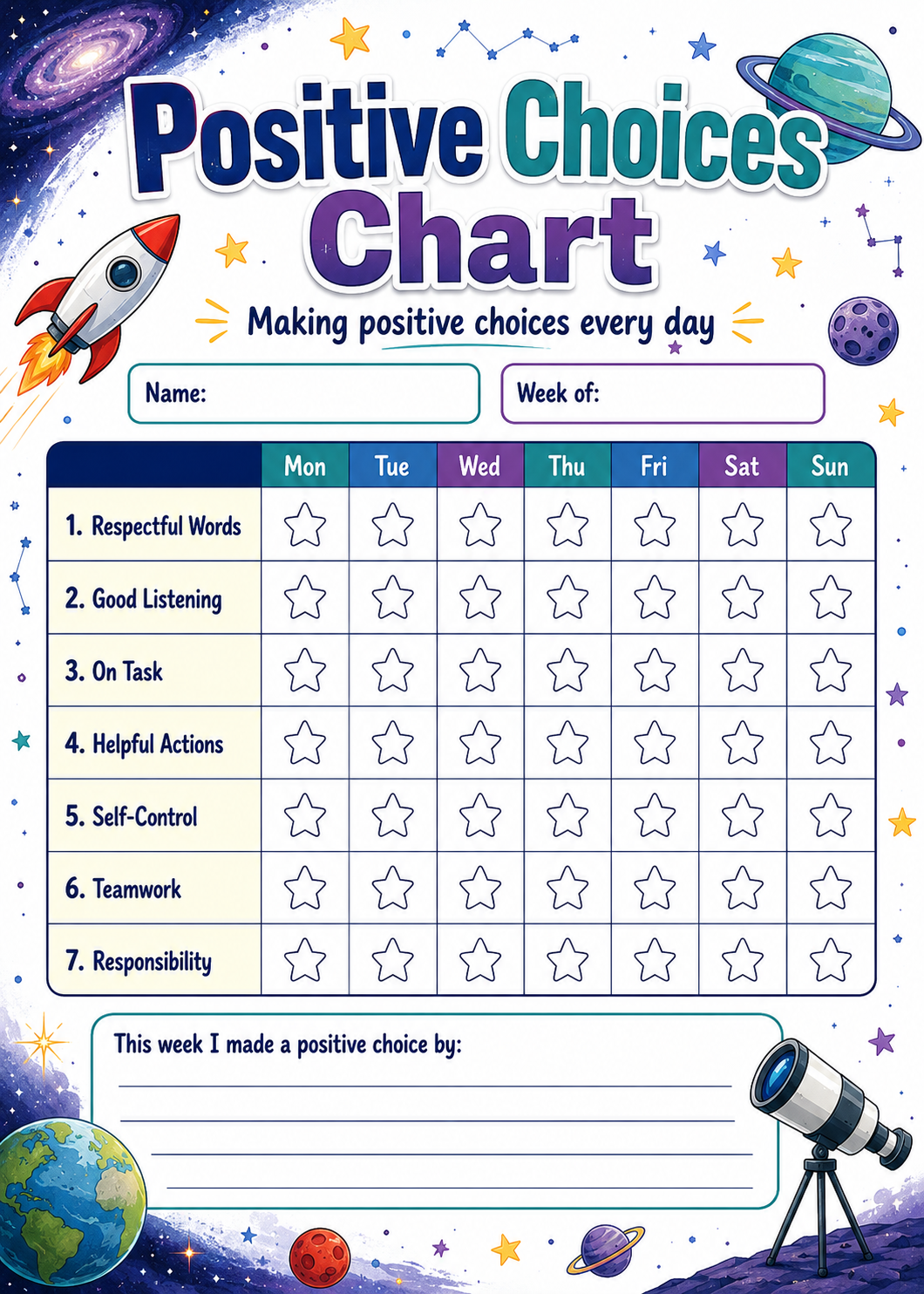 Weekly Positive Choices Chart printable preview