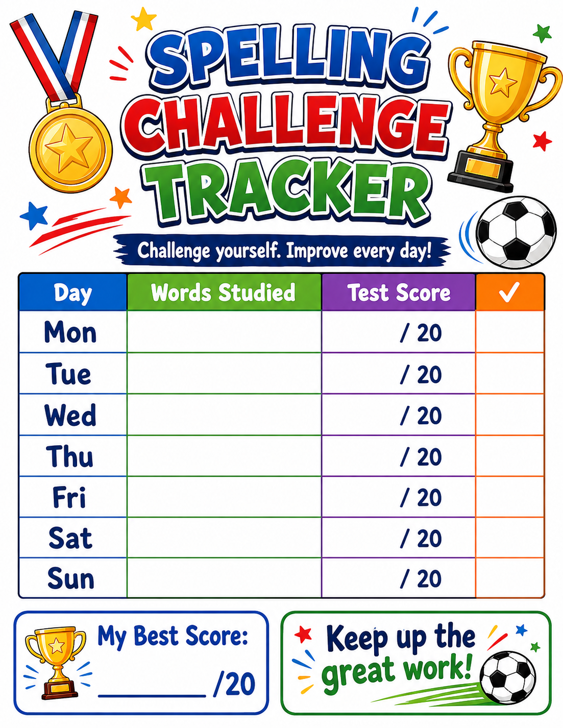 Weekly Spelling Goals Tracker printable preview