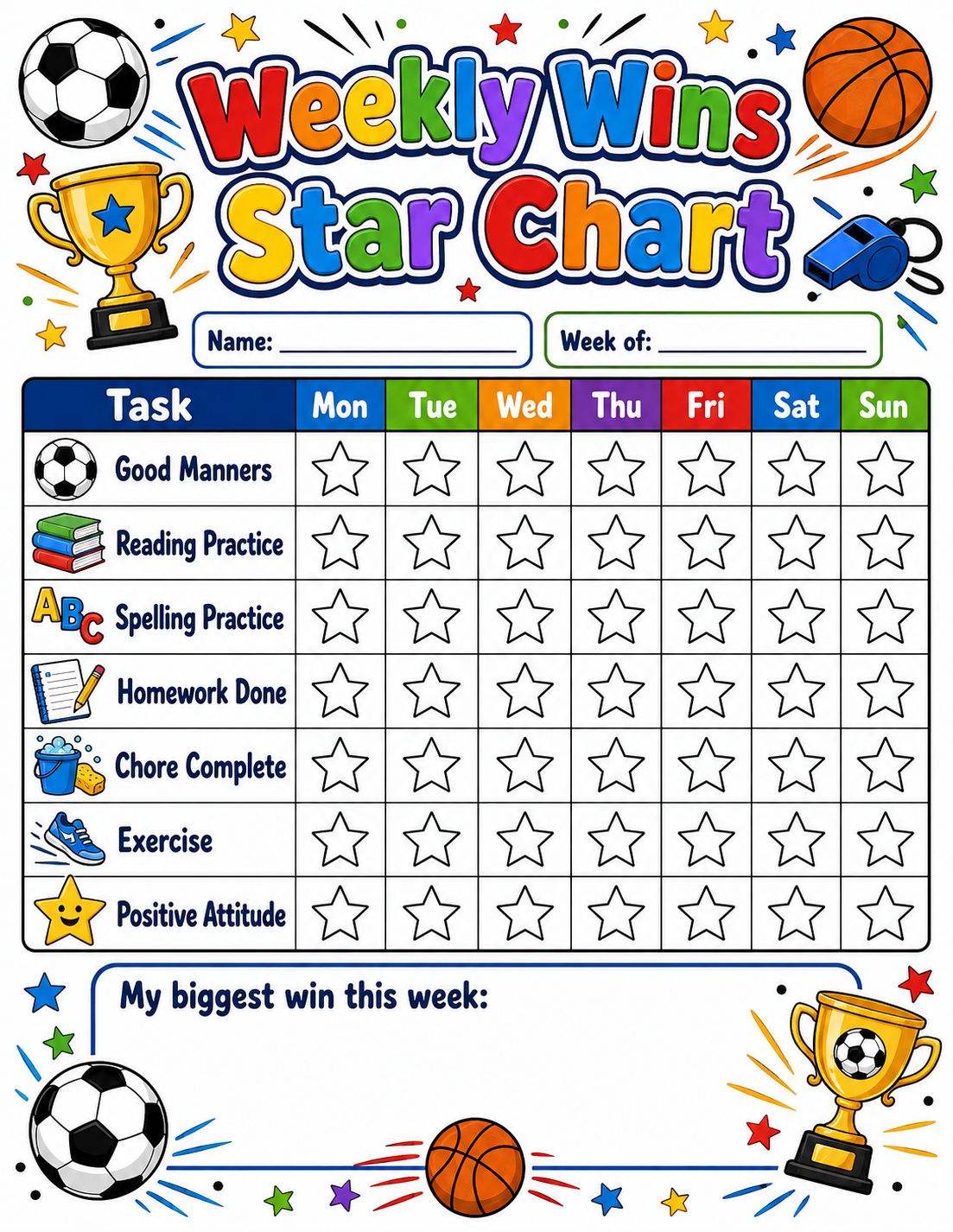 Weekly Wins Star Progress Chart printable preview