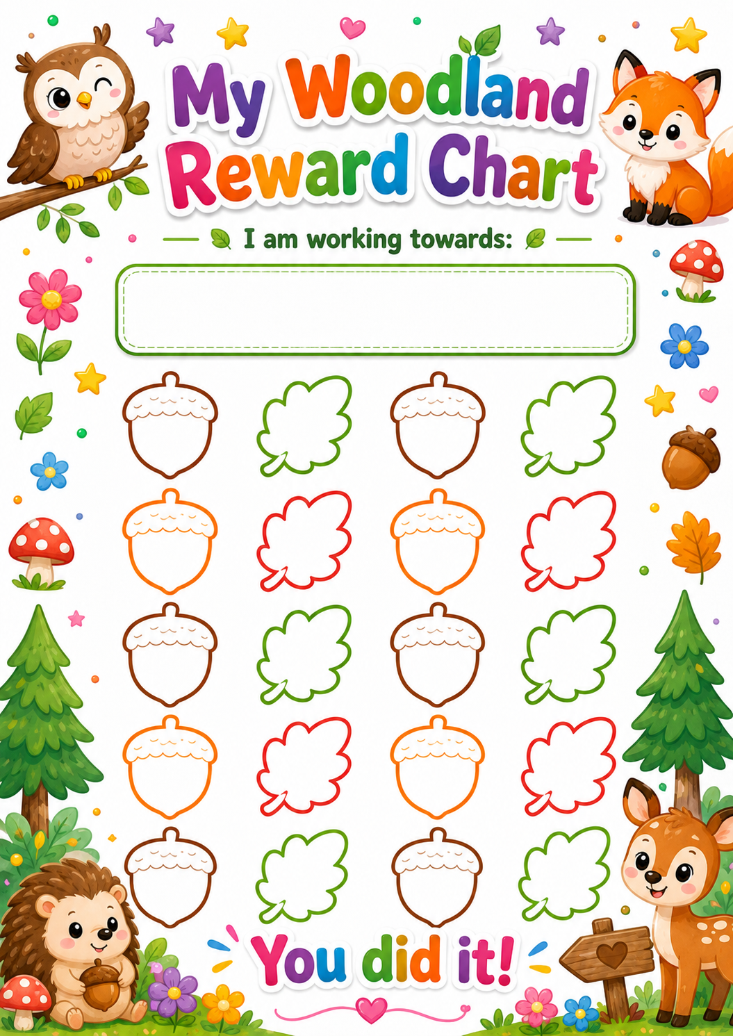 Woodland Adventure Reward Chart printable preview