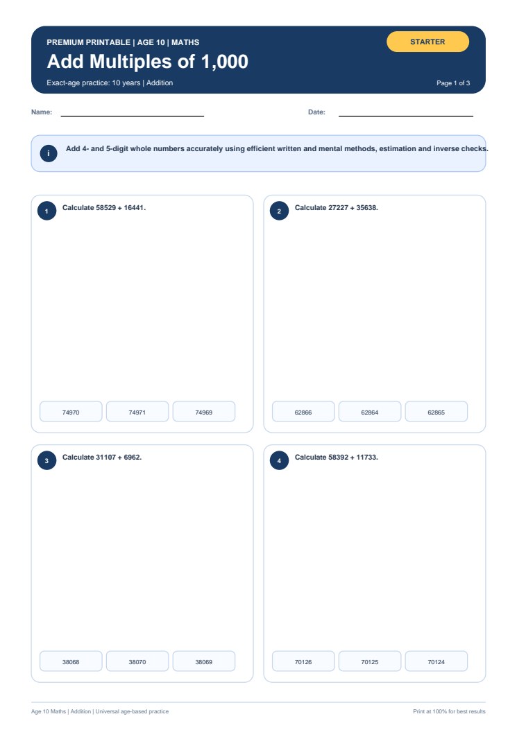 Add Multiples of 1,000 worksheet preview