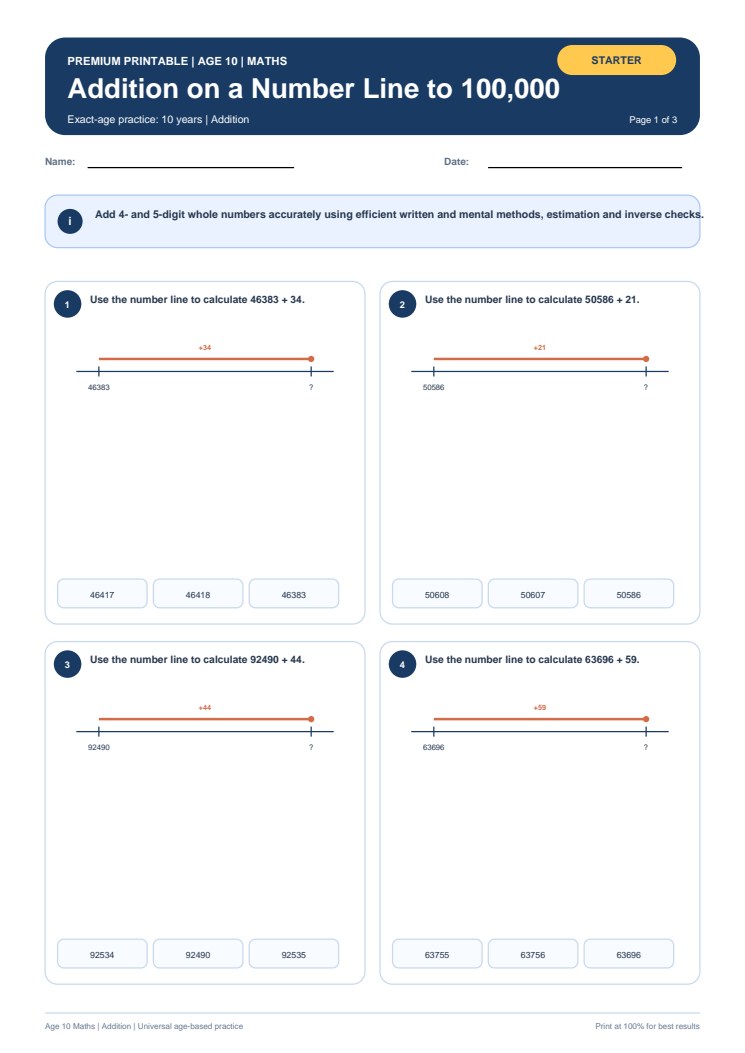 Addition on a Number Line to 100,000 worksheet preview