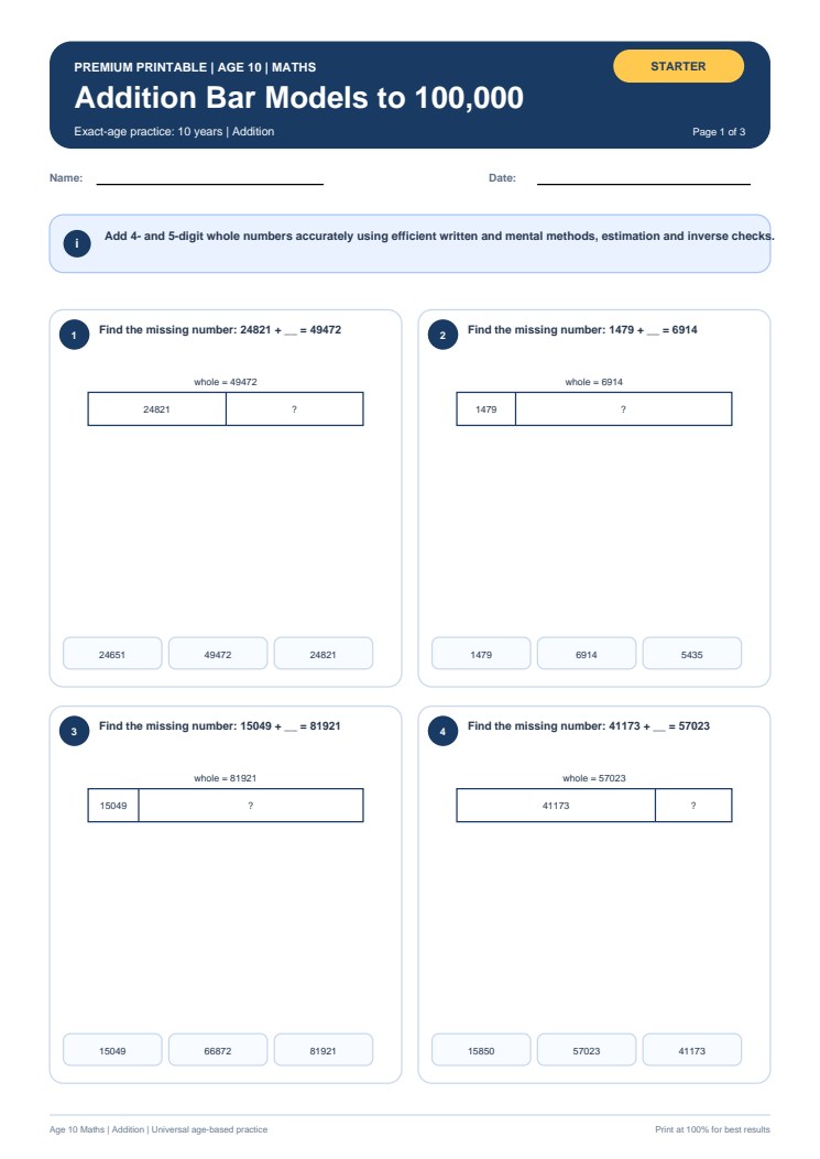 Addition Bar Models to 100,000 worksheet preview
