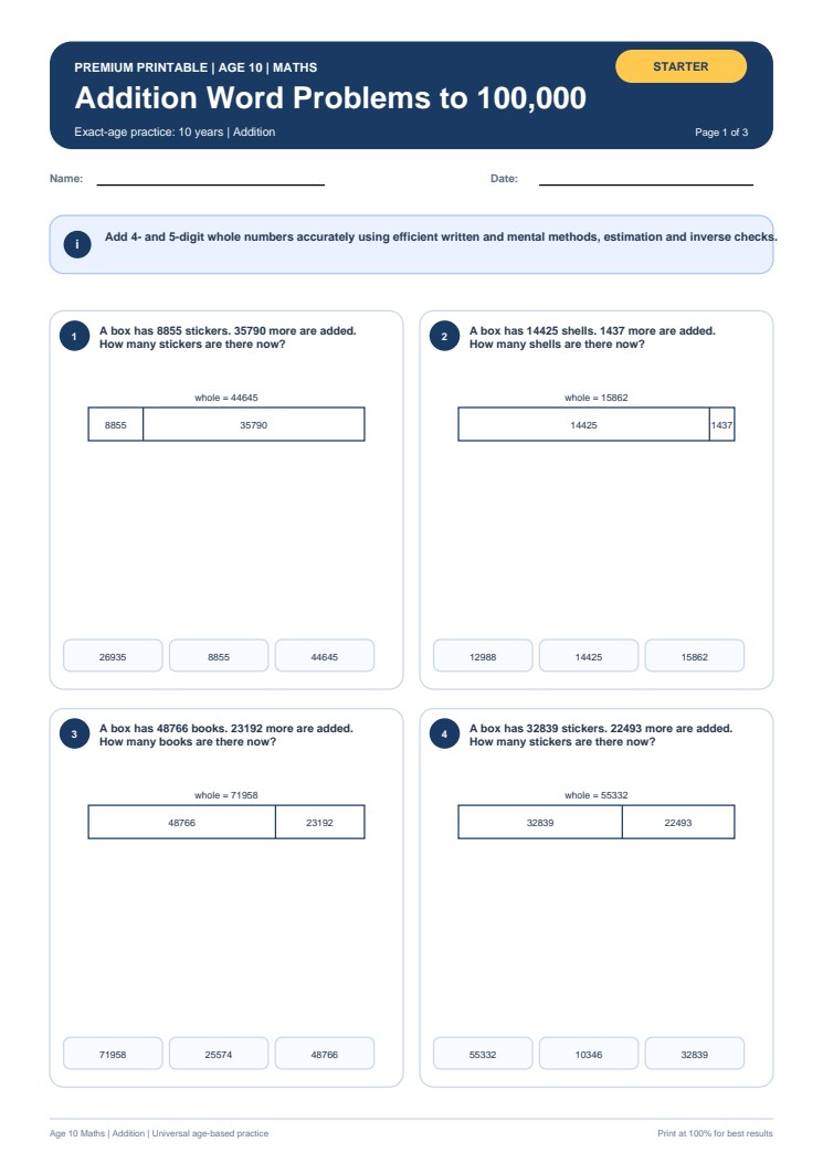 Addition Word Problems to 100,000 worksheet preview