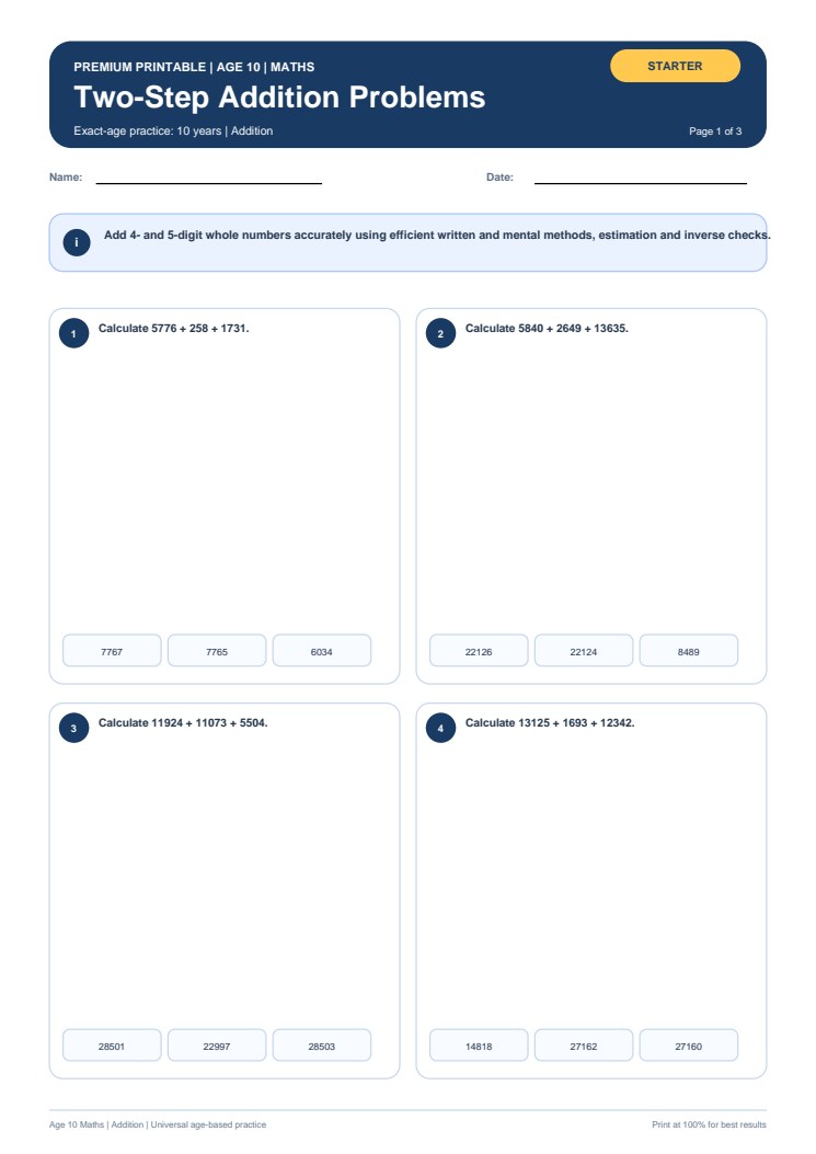 Two-Step Addition Problems worksheet preview