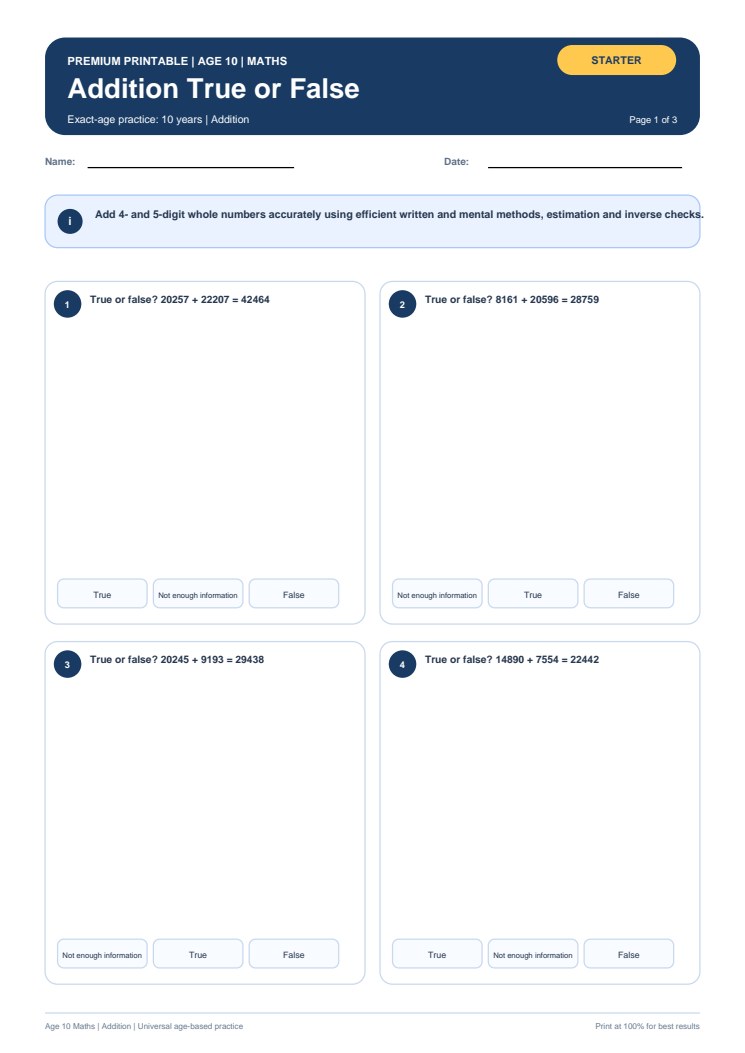 Addition True or False worksheet preview