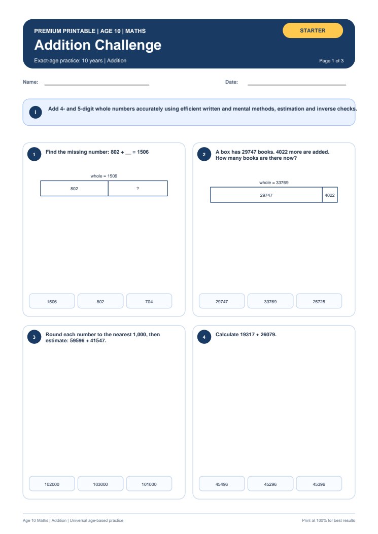 Addition Challenge worksheet preview