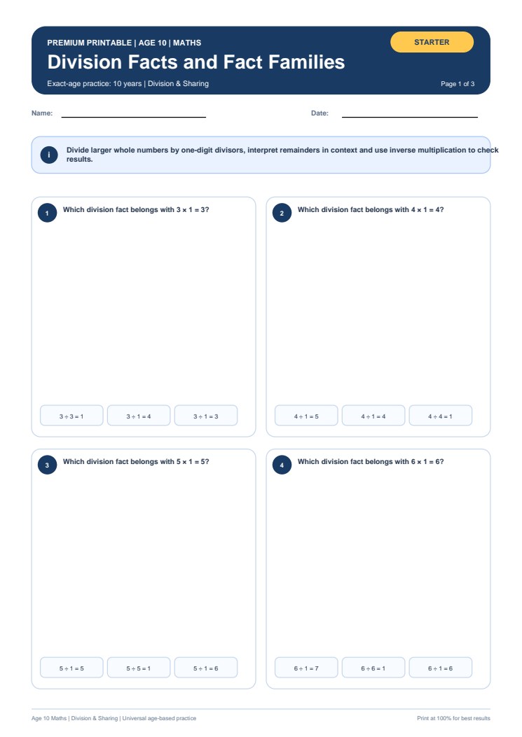 Division Facts and Fact Families worksheet preview
