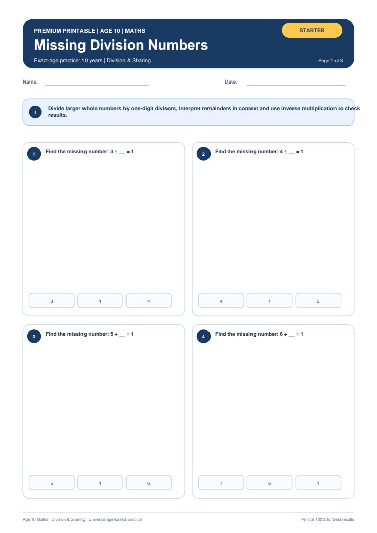 Missing Division Numbers worksheet preview