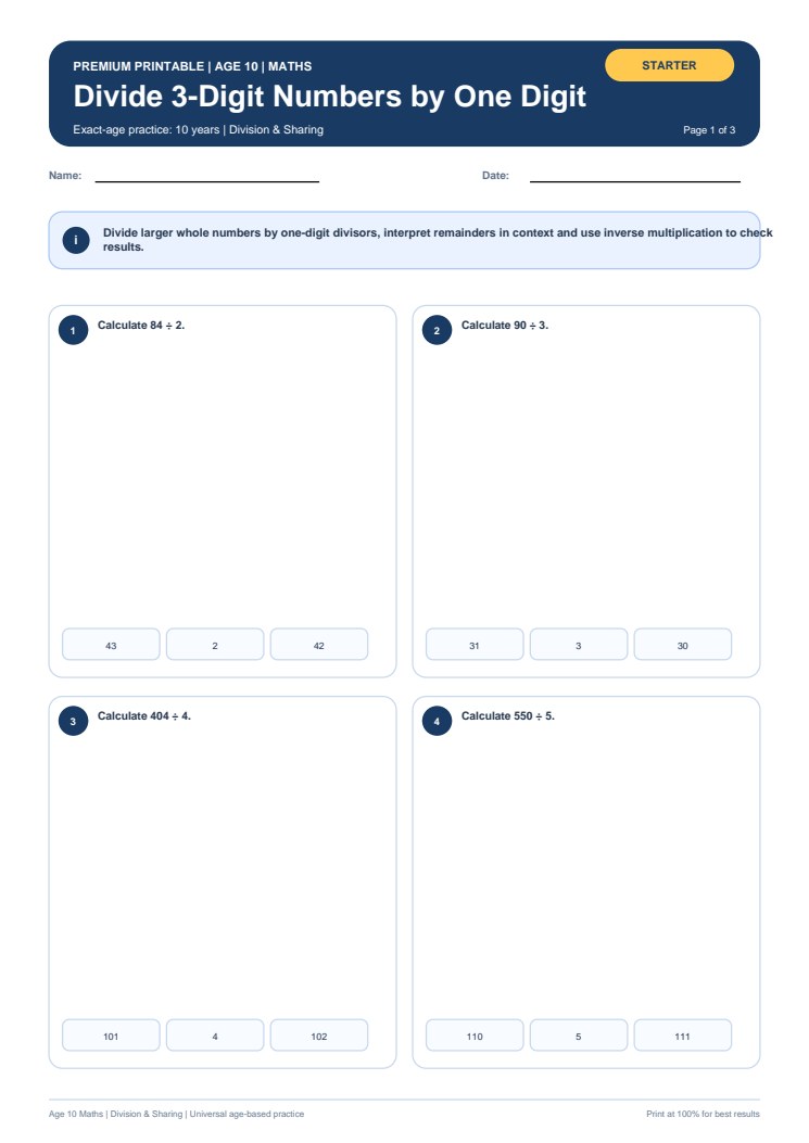 Divide 3-Digit Numbers by One Digit worksheet preview