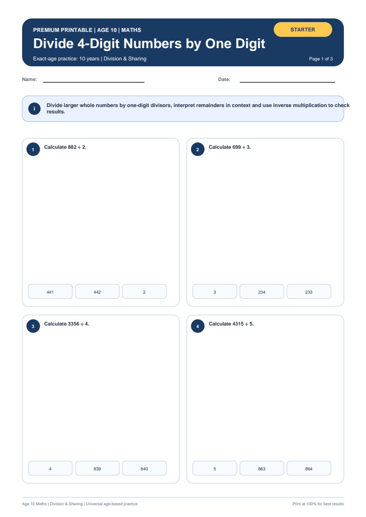 Divide 4-Digit Numbers by One Digit worksheet preview