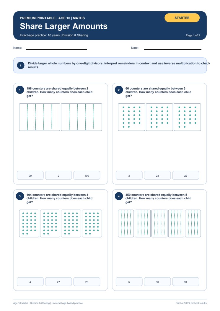 Share Larger Amounts worksheet preview