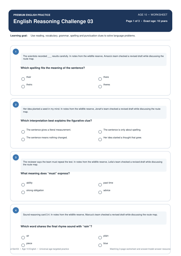 English Reasoning Challenge 03 worksheet preview