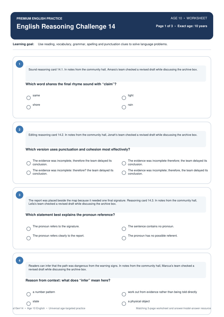 English Reasoning Challenge 14 worksheet preview