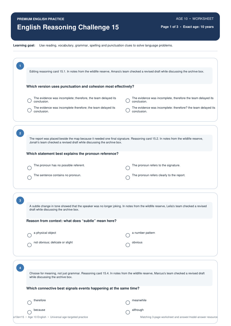 English Reasoning Challenge 15 worksheet preview