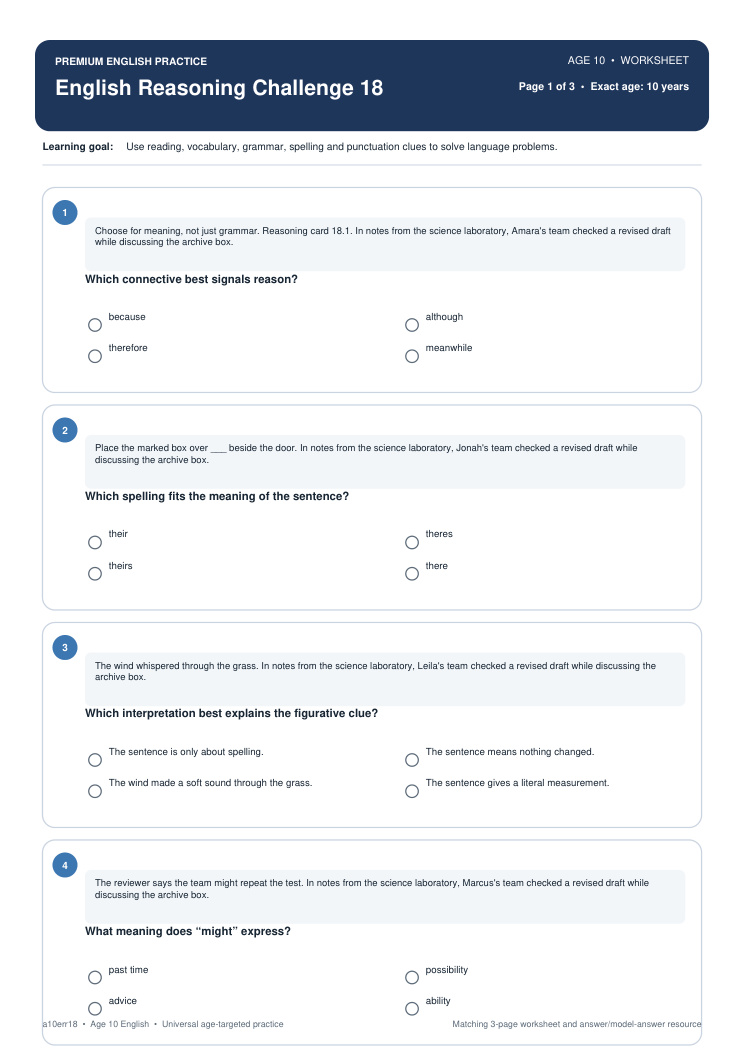 English Reasoning Challenge 18 worksheet preview