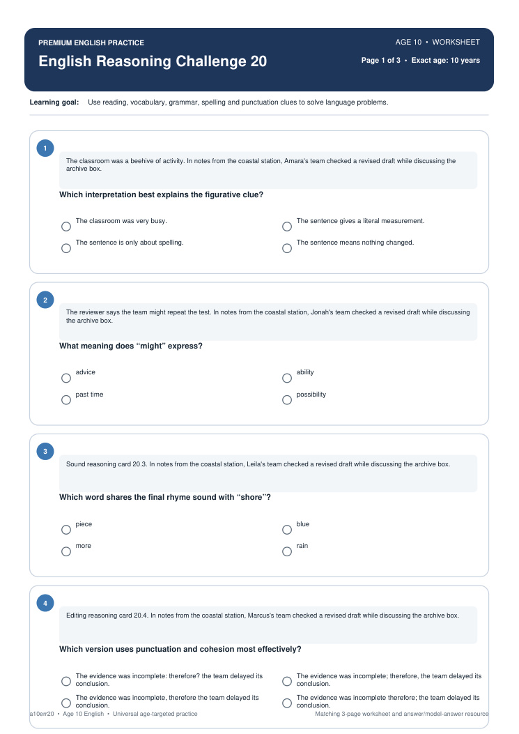 English Reasoning Challenge 20 worksheet preview