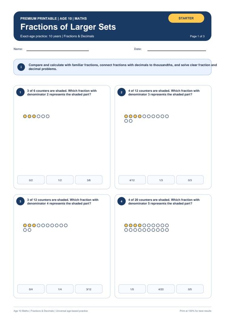 Fractions of Larger Sets worksheet preview