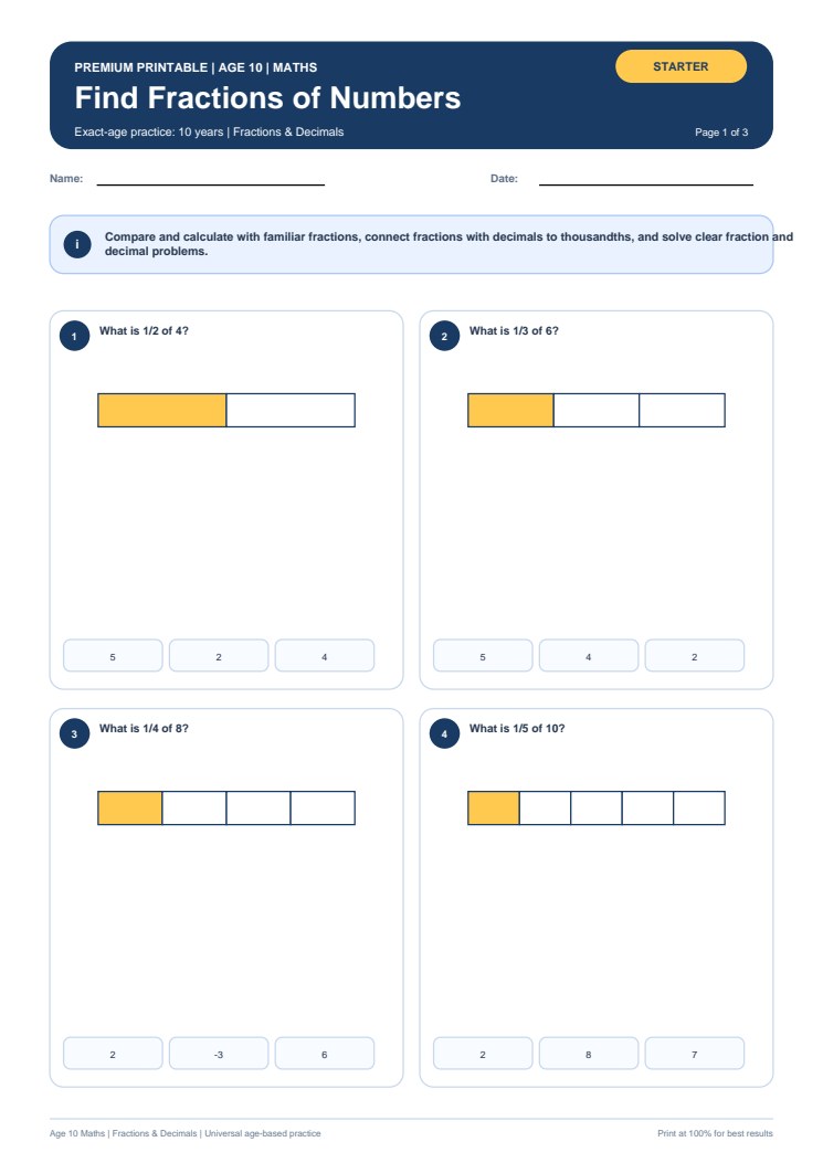 Find Fractions of Numbers worksheet preview