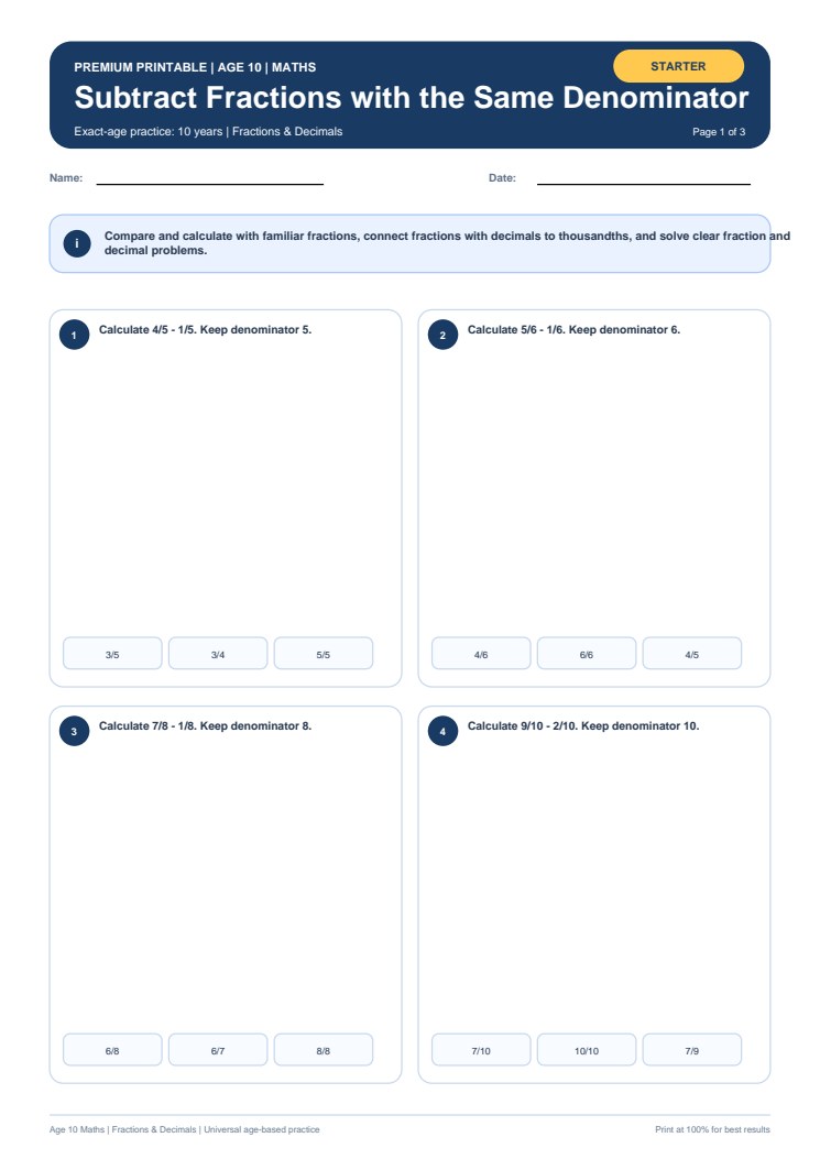 Subtract Fractions with the Same Denominator worksheet preview