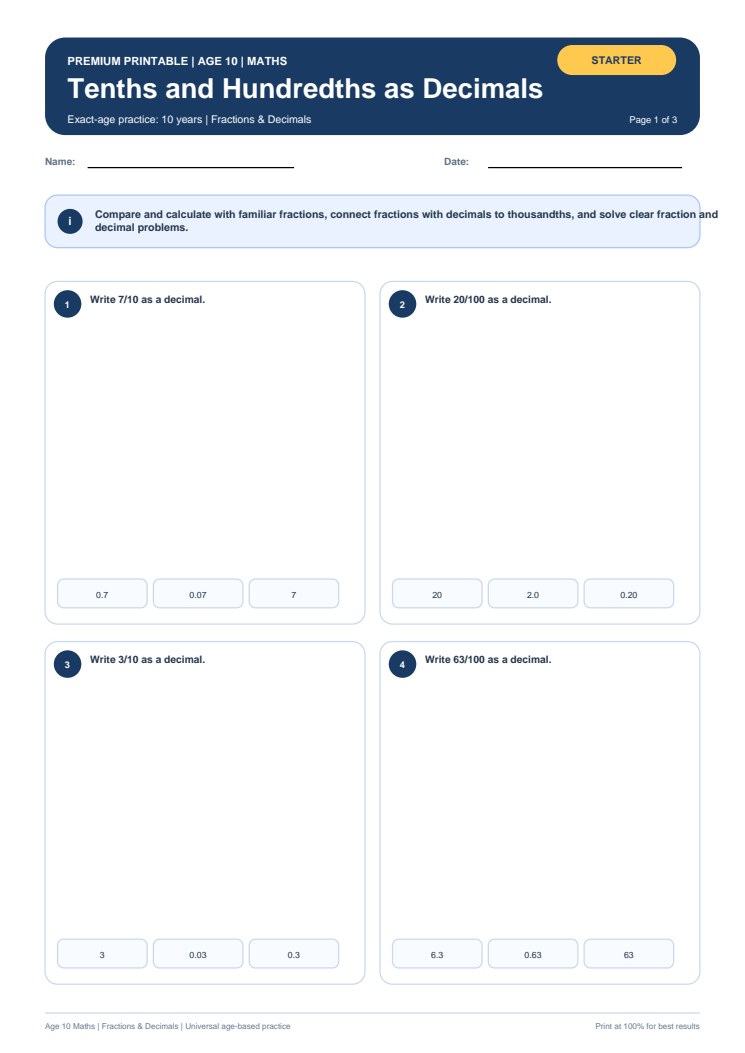 Tenths and Hundredths as Decimals worksheet preview