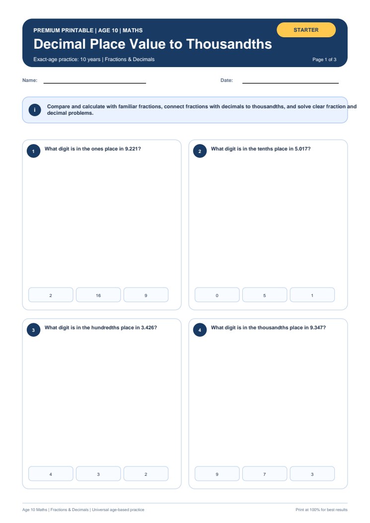 Decimal Place Value to Thousandths worksheet preview