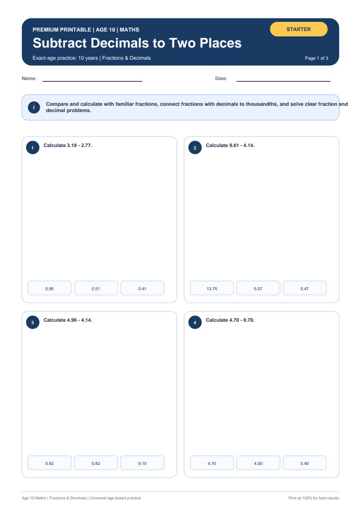 Subtract Decimals to Two Places worksheet preview