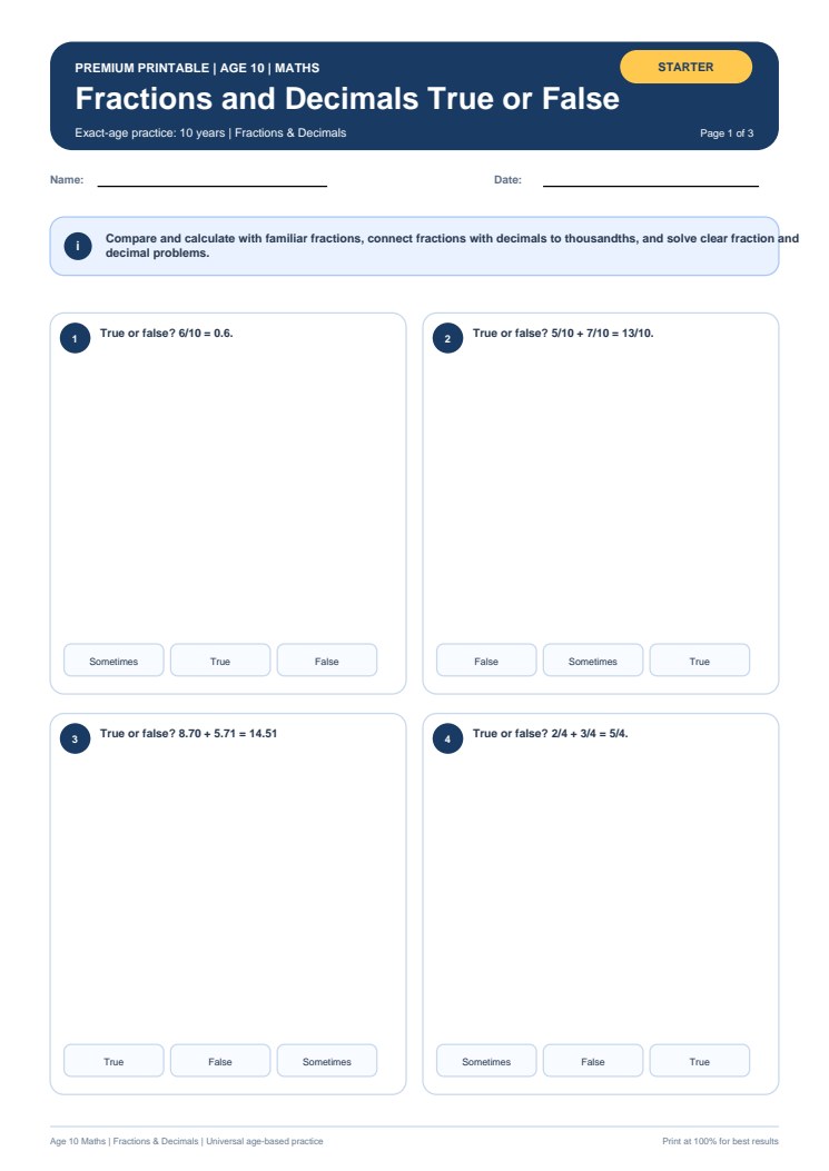 Fractions and Decimals True or False worksheet preview