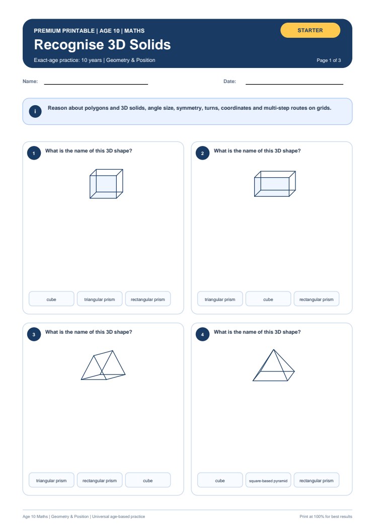 Recognise 3D Solids worksheet preview