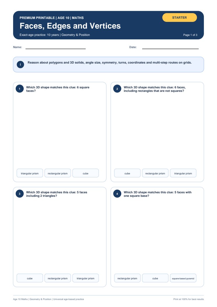 Faces, Edges and Vertices worksheet preview