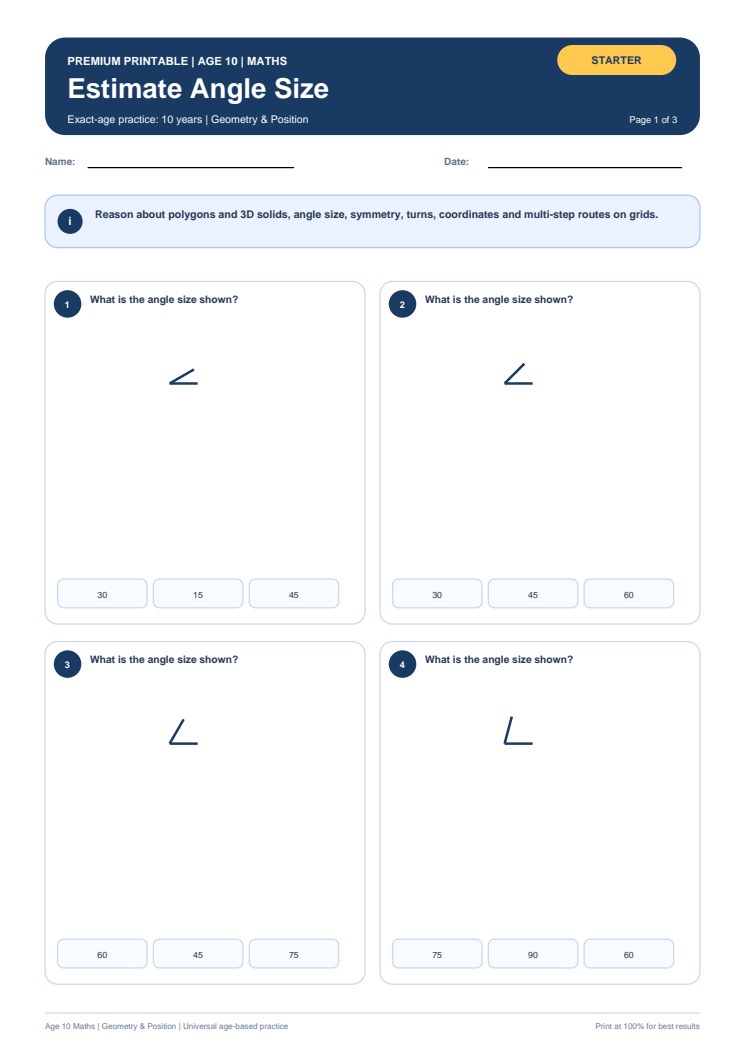 Estimate Angle Size worksheet preview