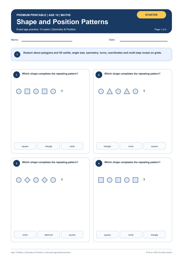 Shape and Position Patterns worksheet preview