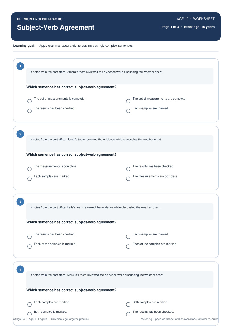 Subject-Verb Agreement worksheet preview