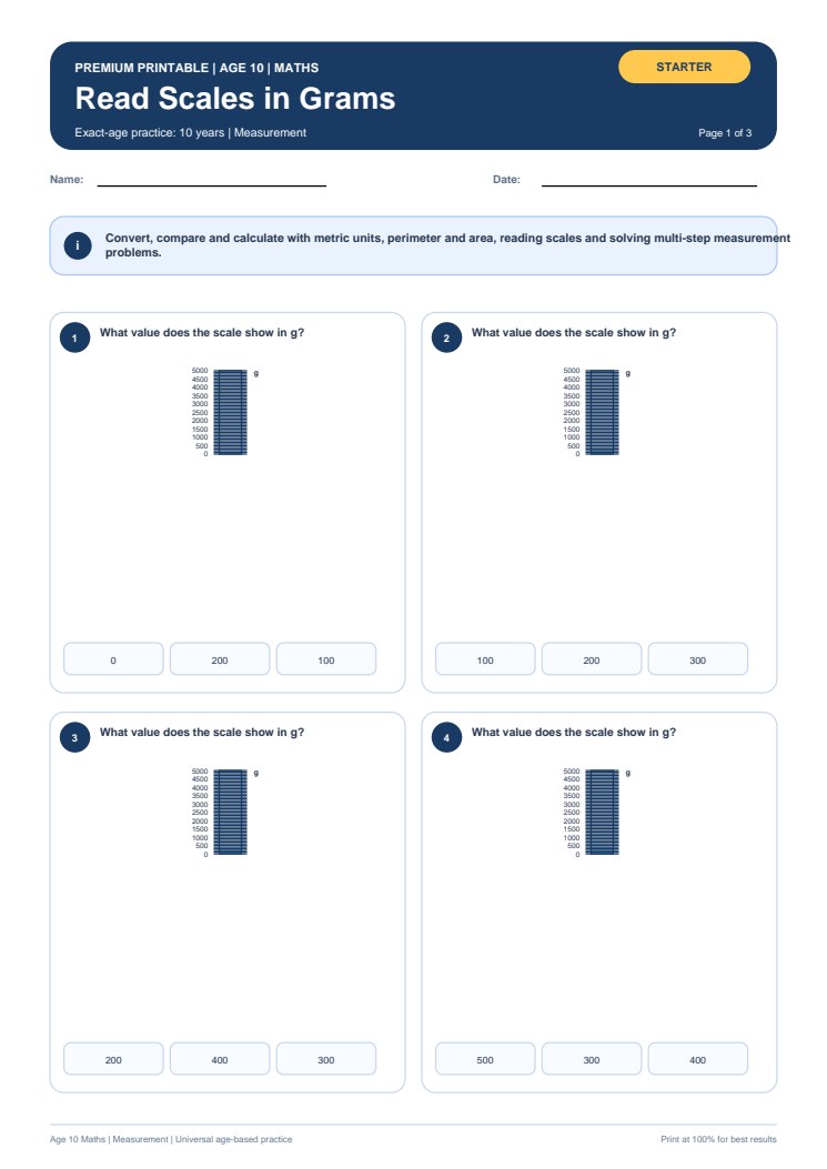 Read Scales in Grams worksheet preview