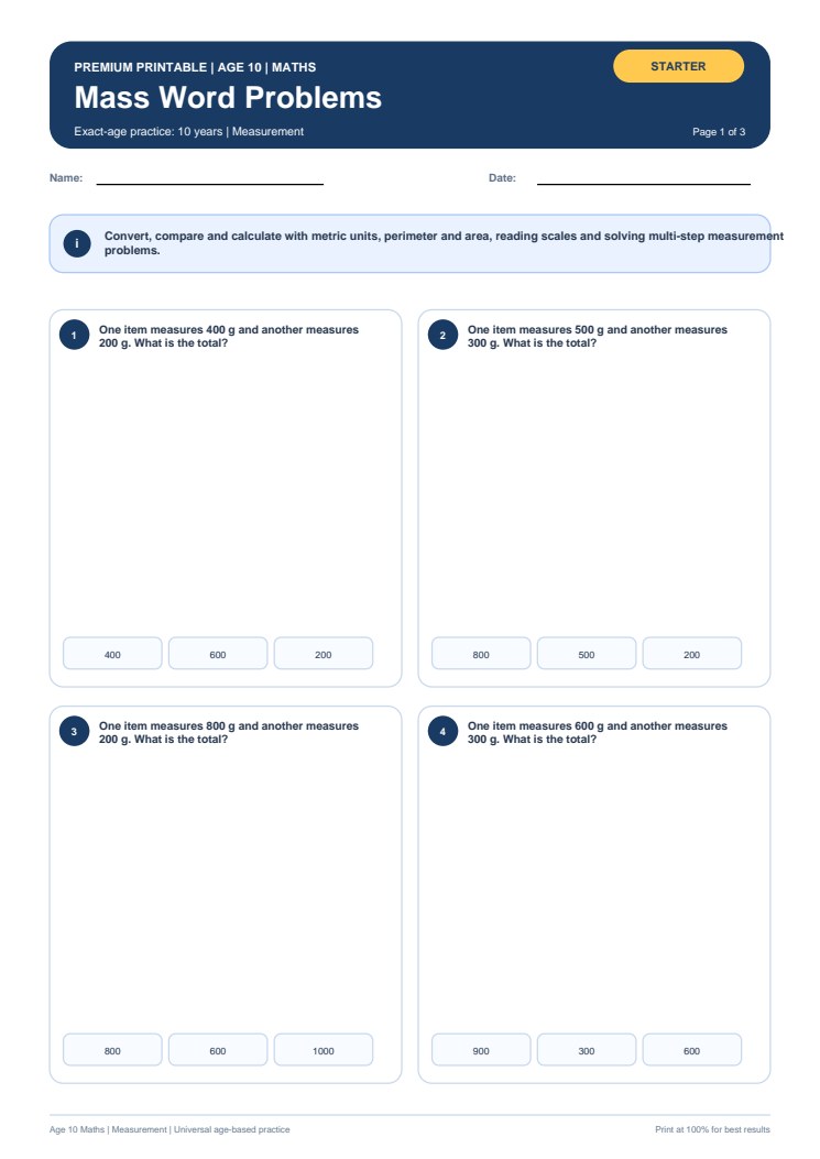 Mass Word Problems worksheet preview