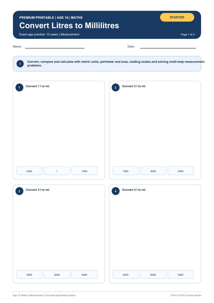 Convert Litres to Millilitres worksheet preview