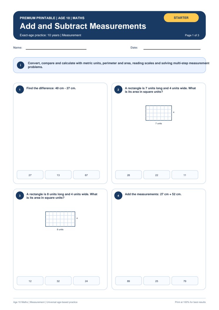 Add and Subtract Measurements worksheet preview