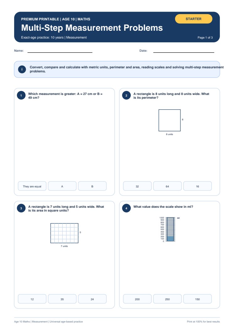 Multi-Step Measurement Problems worksheet preview