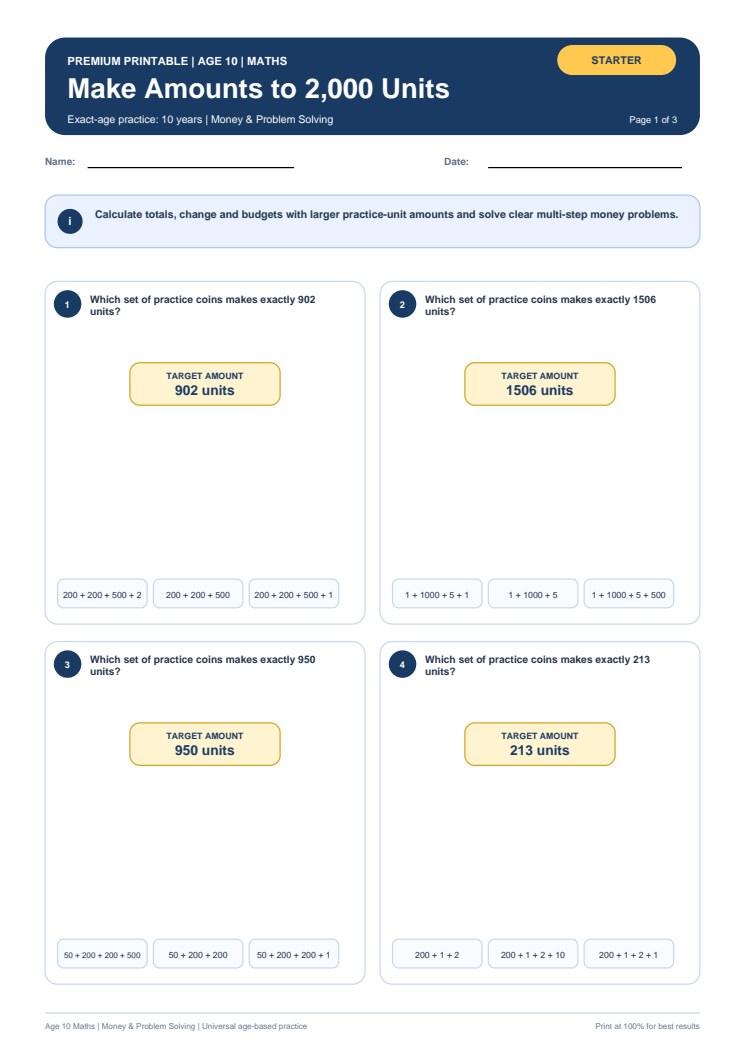 Make Amounts to 2,000 Units worksheet preview