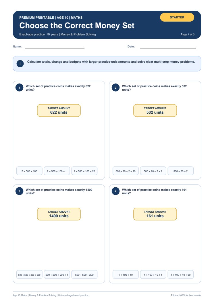 Choose the Correct Money Set worksheet preview