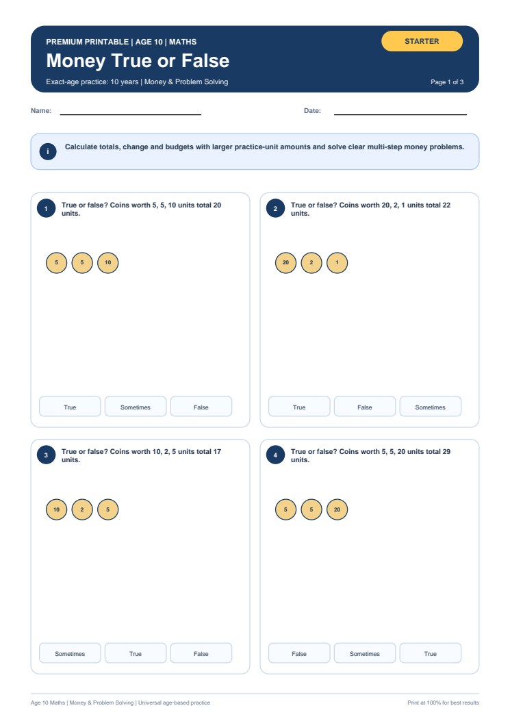 Money True or False worksheet preview