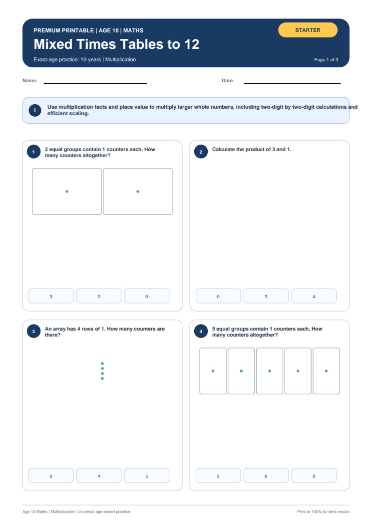 Mixed Times Tables to 12 worksheet preview