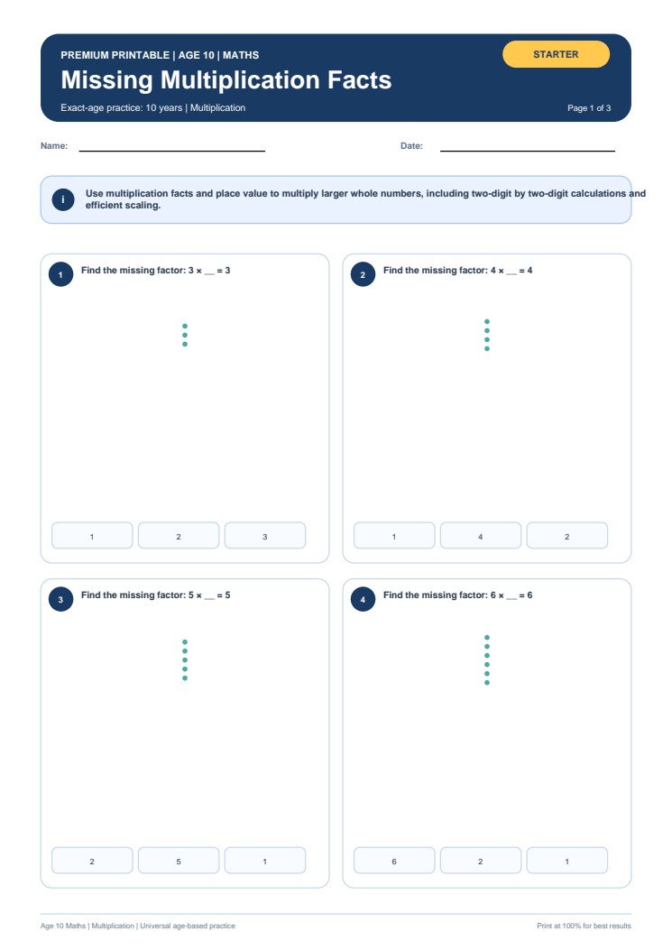 Missing Multiplication Facts worksheet preview