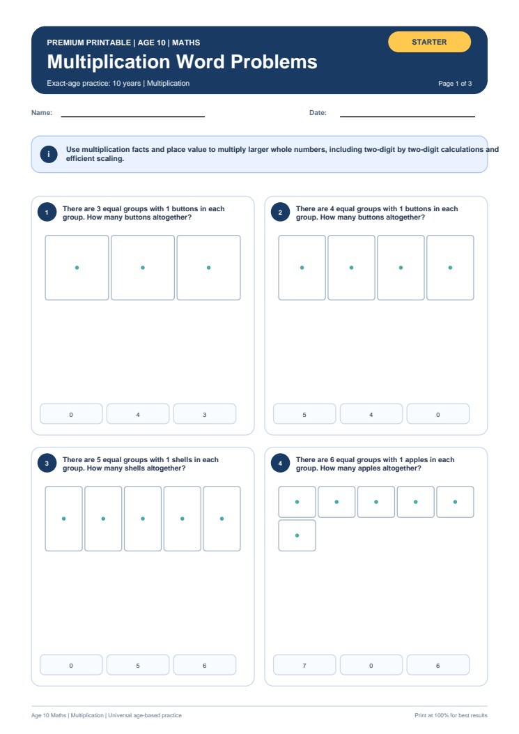 Multiplication Word Problems worksheet preview