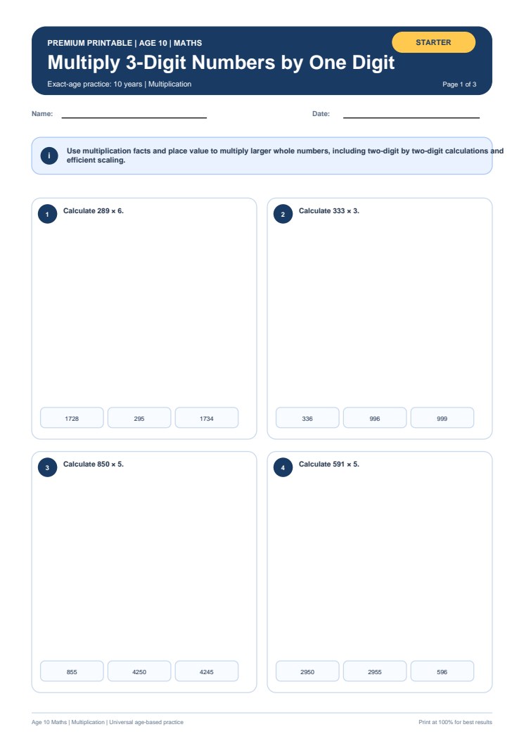 Multiply 3-Digit Numbers by One Digit worksheet preview