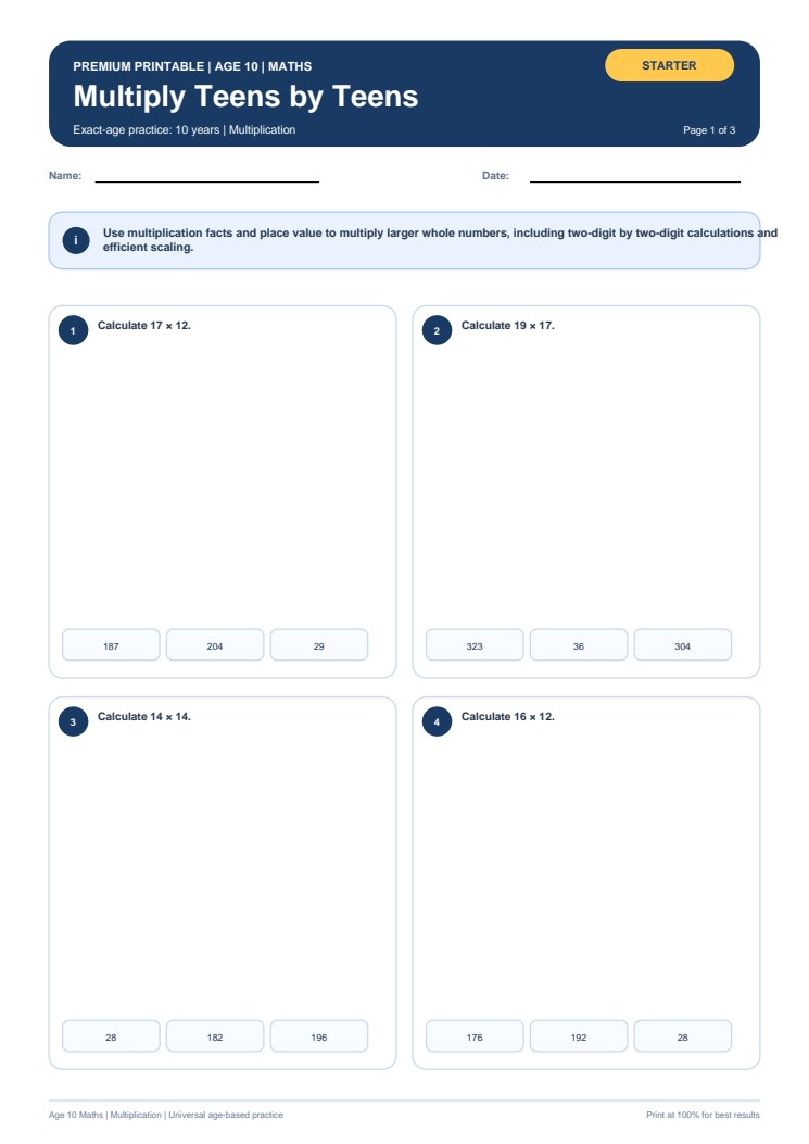 Multiply Teens by Teens worksheet preview