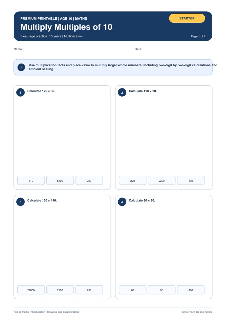 Multiply Multiples of 10 worksheet preview