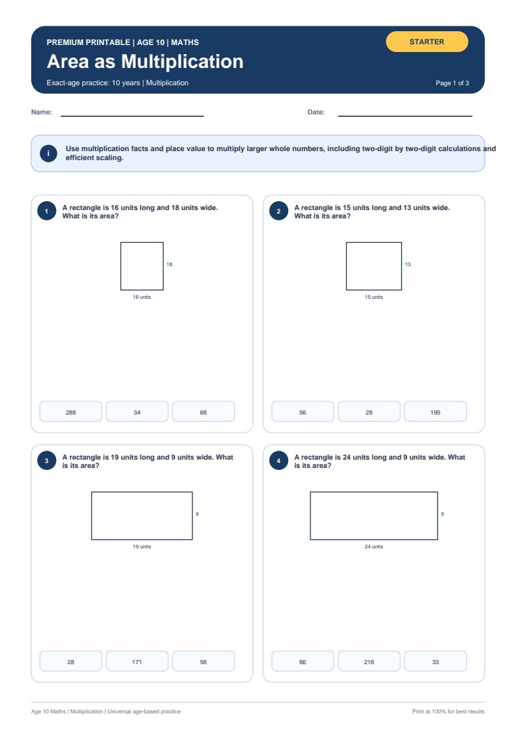 Area as Multiplication worksheet preview